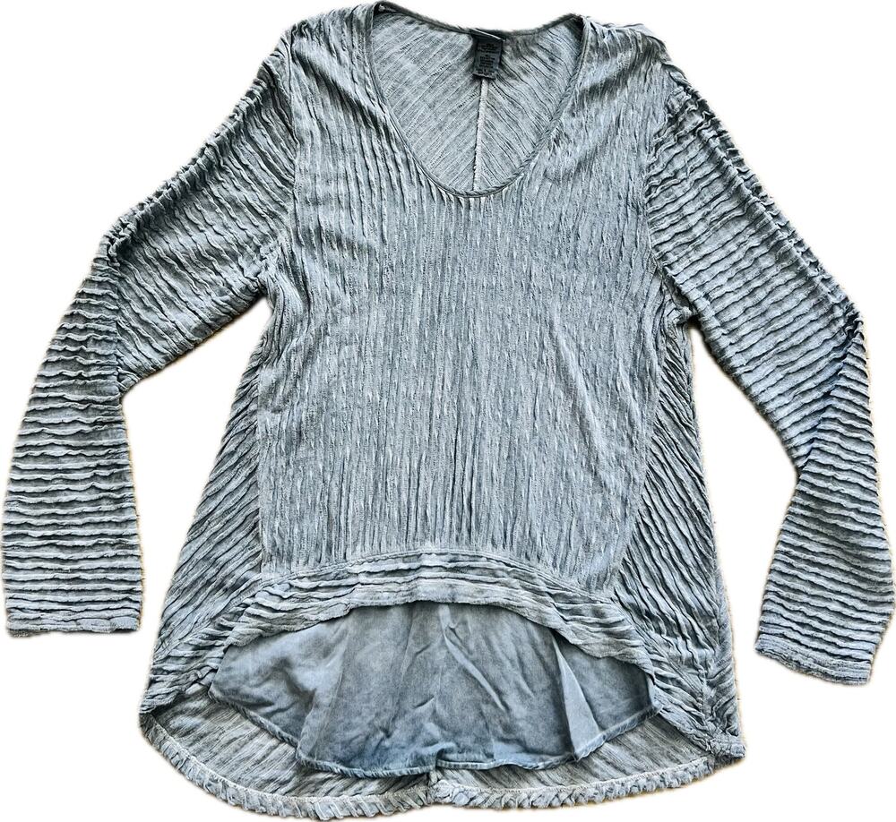 XCVI Blue Grey Hi-Lo Ribbed Long Sleeve Top Women's Blouse Medium‎ Cotton Modal